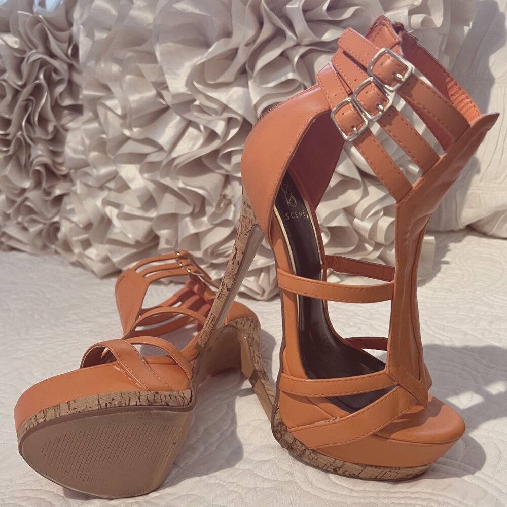 SCENE (Baylee) Orange, Strappy/Cork Platforms